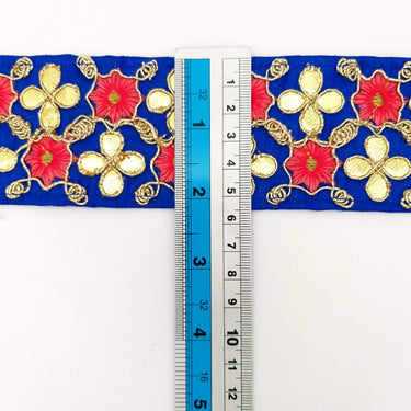 Royal Blue Art Silk Fabric Trim, Salmon Pink & Gold Floral Embroidery Gota Patti Indian Sari Border Trim By Yard Decorative Trim Craft Lace